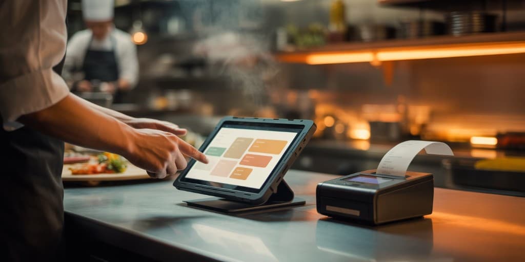 Κουζίνα: tablet παραγγελιών σε βάση σε inox πάγκο, δάχτυλο σεφ στην οθόνη, θερμικός εκτυπωτής με απόδειξη, ζεστός επαγγελματικός φωτισμός
