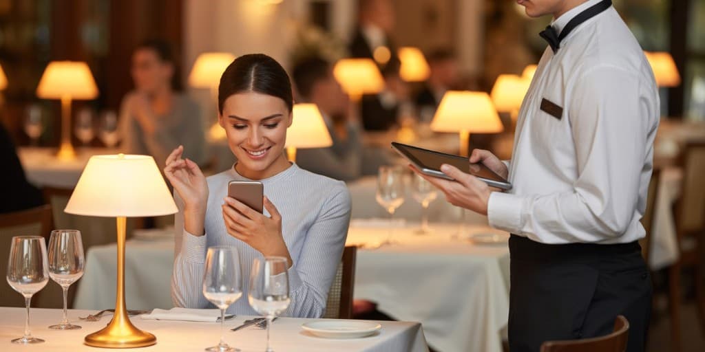 Κομψό εστιατόριο: πελάτιδα με smartphone στο τραπέζι, σερβιτόρος με tablet, λαμπατέρ και λευκό τραπεζομάντιλο