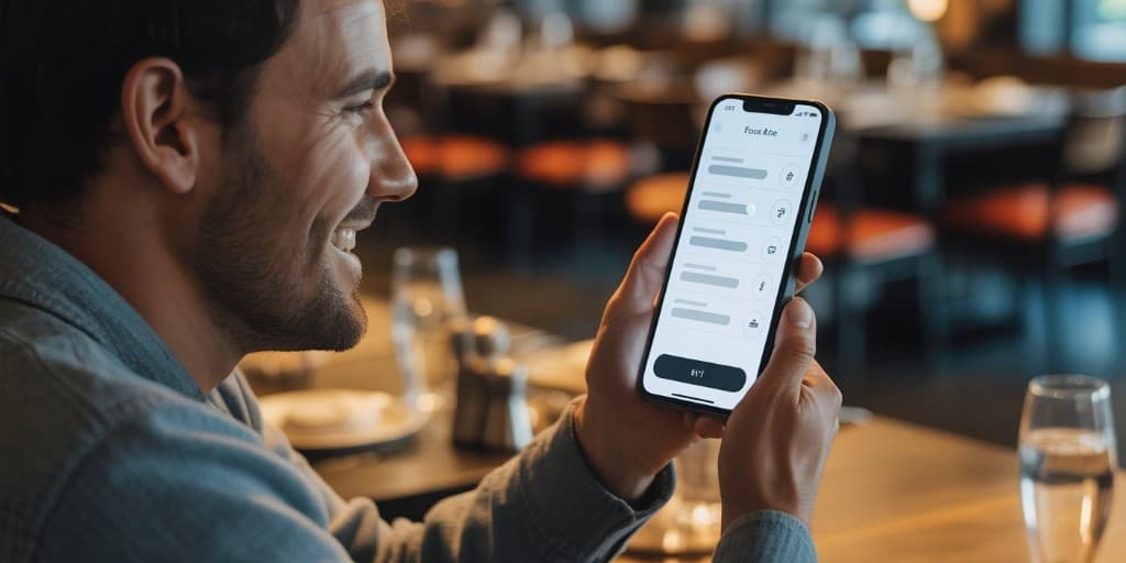Χαρούμενος πελάτης σε εστιατόριο κρατά smartphone· η οθόνη δείχνει επεξεργασία παραγγελίας (χωρίς αναγνώσιμο κείμενο)