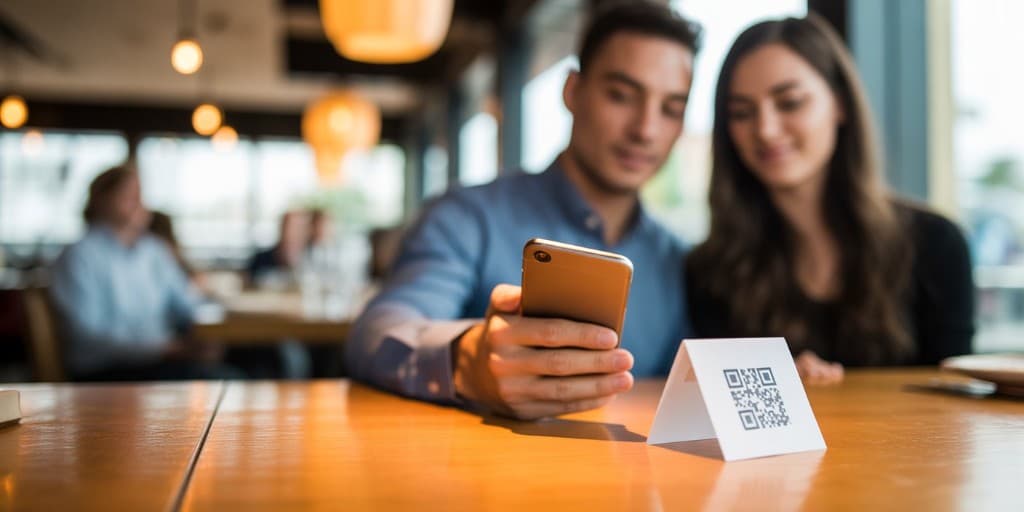 Ζευγάρι σε εστιατόριο· χέρι με smartphone σαρώνει QR στο τραπέζι, ζεστός φωτισμός