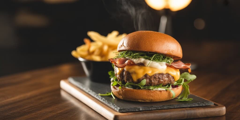 Gourmet bacon cheeseburger σε σκούρα πλάκα slate, ζεστός ατμός, fries στο φόντο, moody φωτισμός εστιατορίου